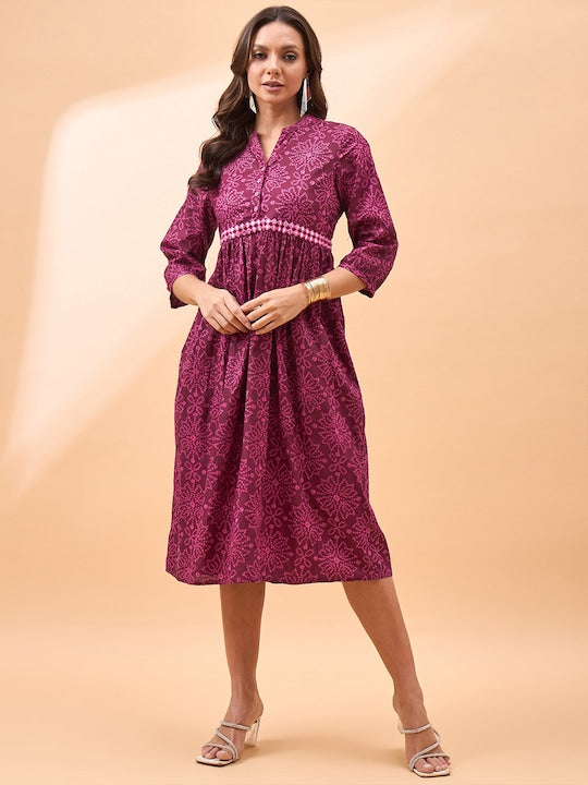 All about you Printed Mandarin Collar Mirror Work Fit & Flare Pure Cotton Midi Dress