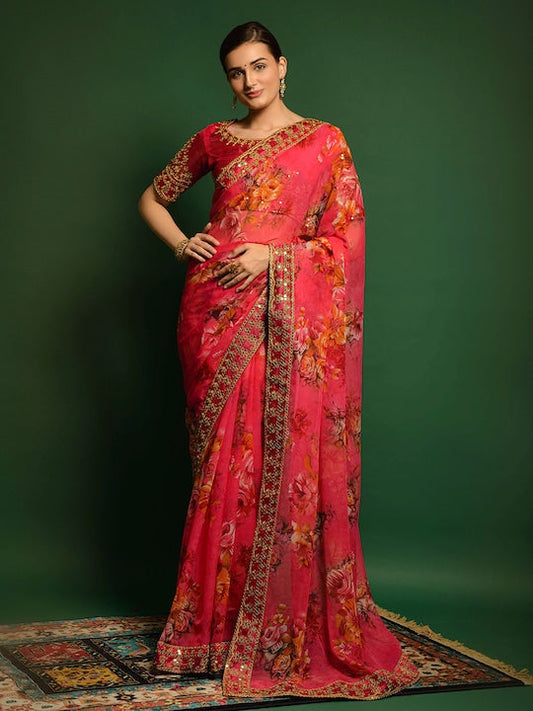 All about you Pink & Orange Floral Sequinned Pure Georgette Saree