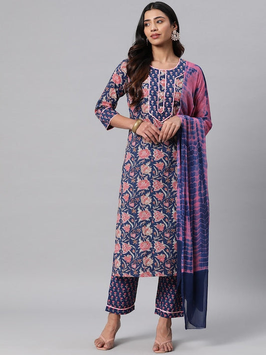 Readiprint Fashions Women Floral Printed Gotta Patti Cotton Kurta with Trousers & Dupatta