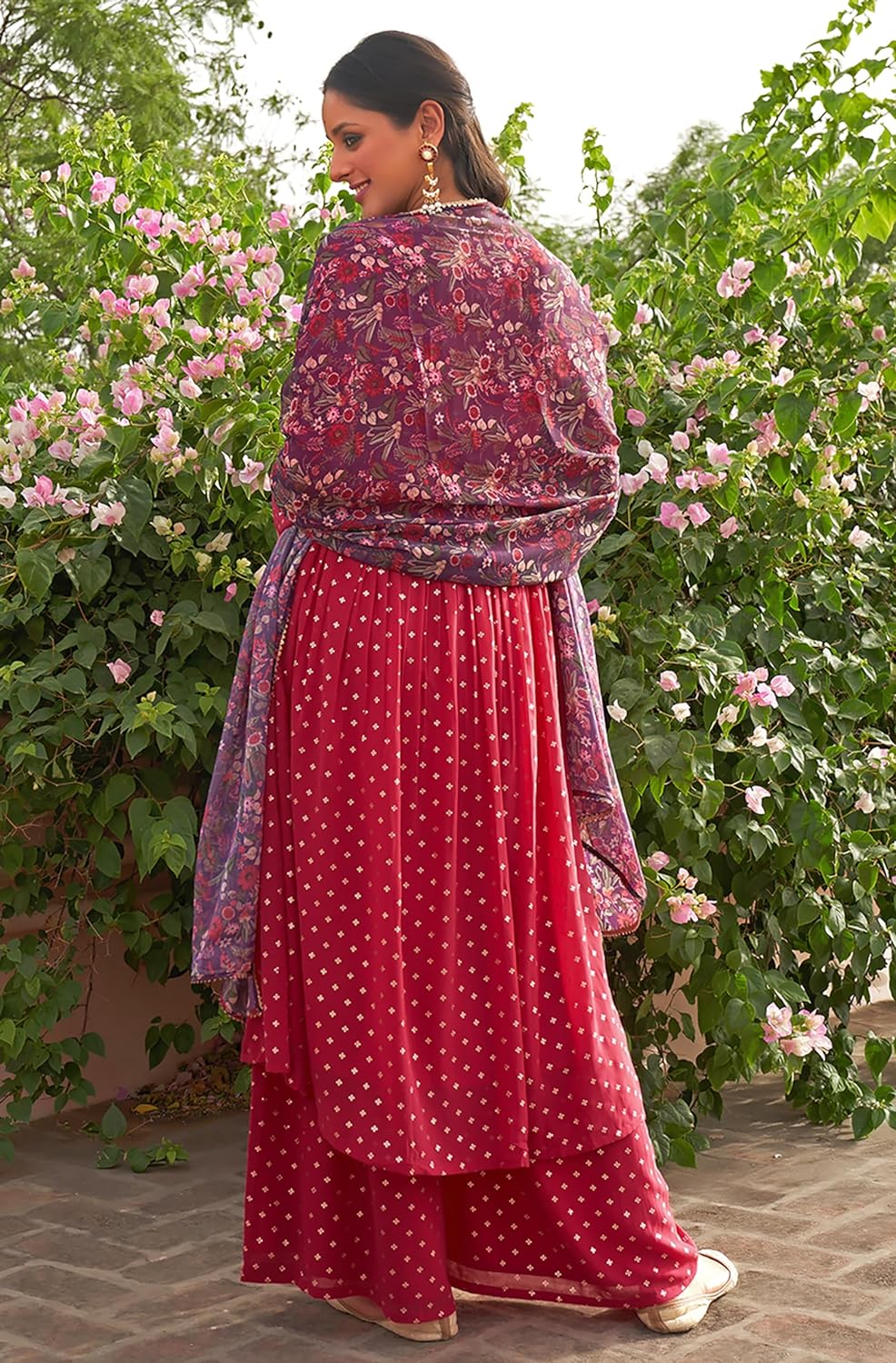 Janasya Women's Pink Georgette Foil Motif Printed Kurta with Palazzo and Dupatta