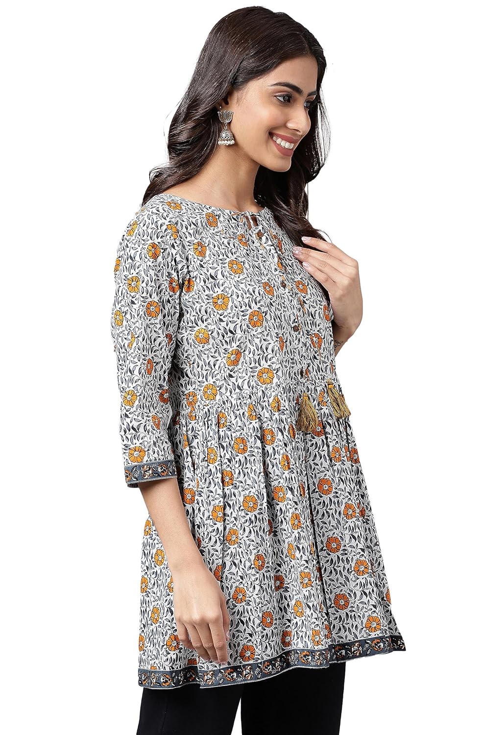 Janasya Women's Multicolor Cotton Botanical Printed Peplum Top