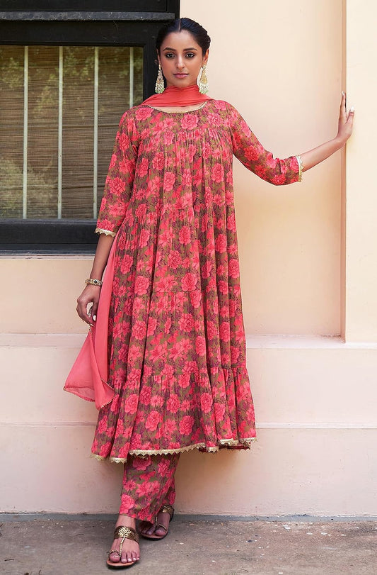 Janasya Women's Georgette Digital Floral Printed Embellished Kurta Set Olive