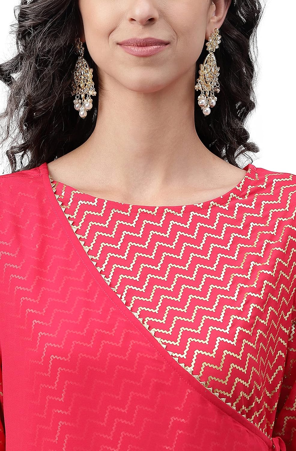 Janasya Women's Pink Crepe Foil Printed Angrakha Kurta