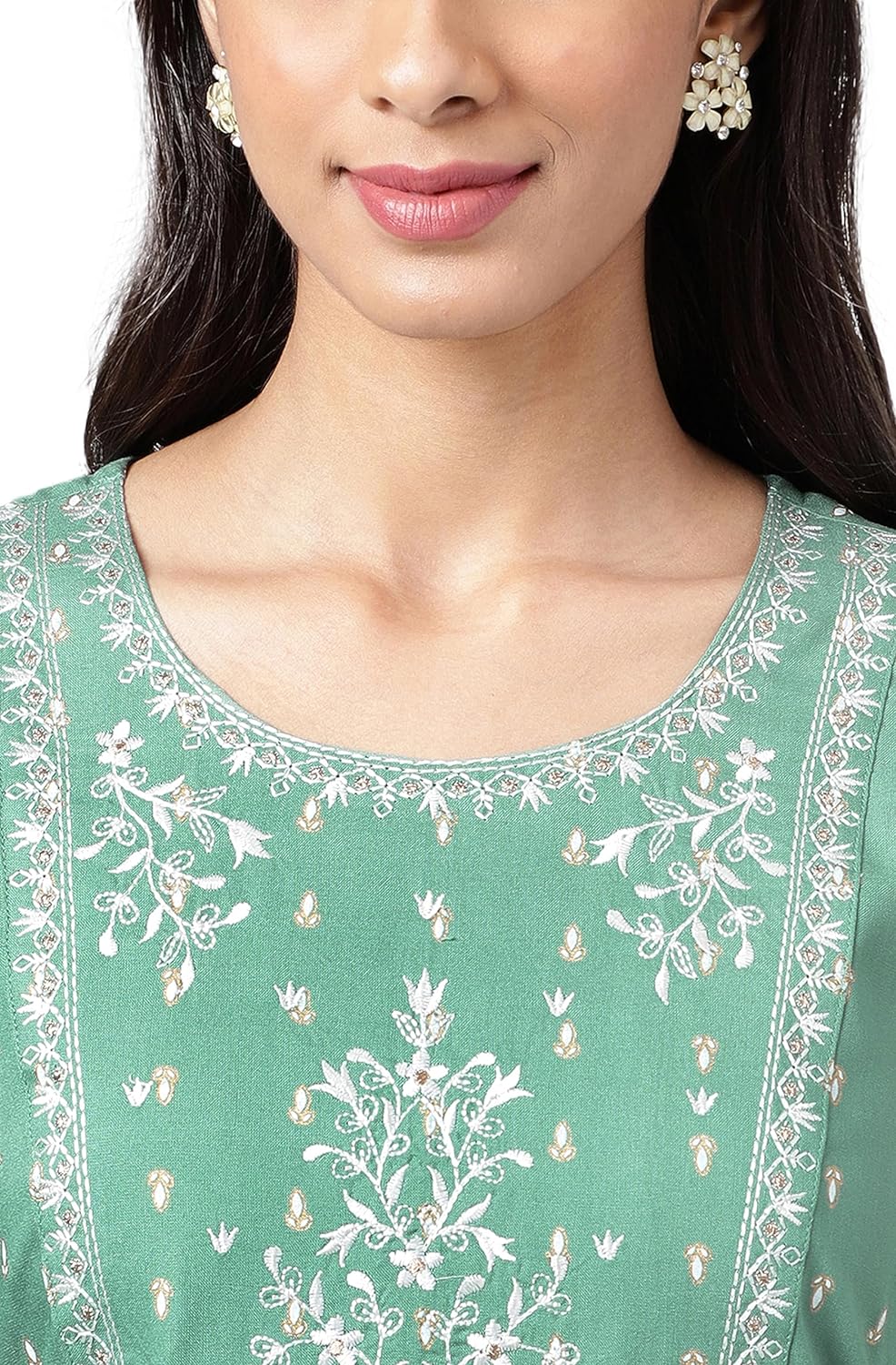 Janasya Women's Green Rayon Foil Printed Kurta with Pants