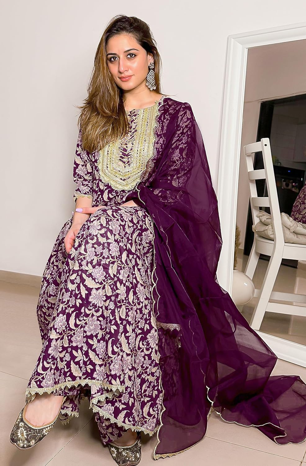 Janasya Women's Voilet Cotton Floral Printed Kurta with Palazzo and Dupatta