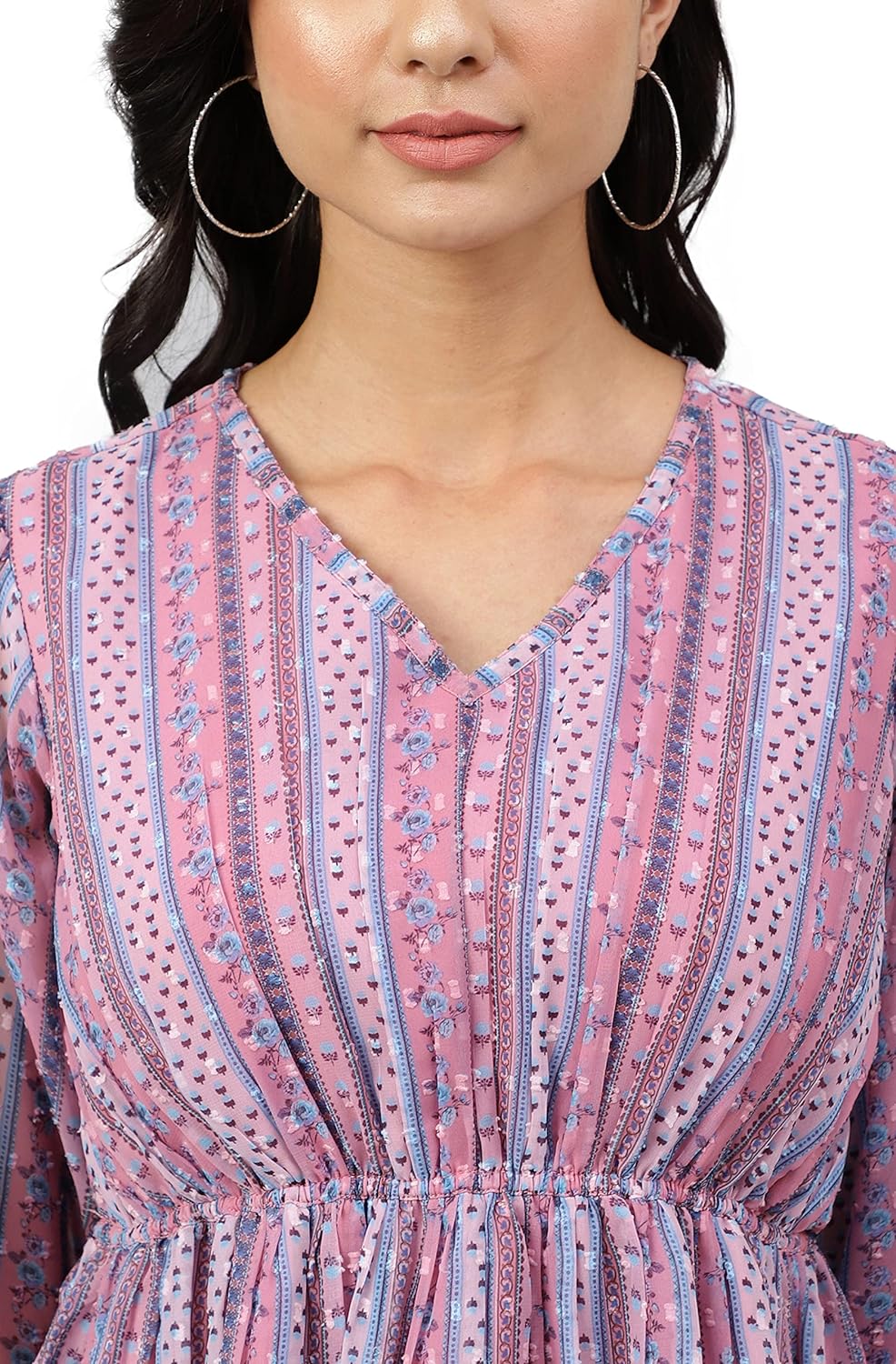 Janasya Women's Pink Dobby Georgette Digital Print Peplum Top