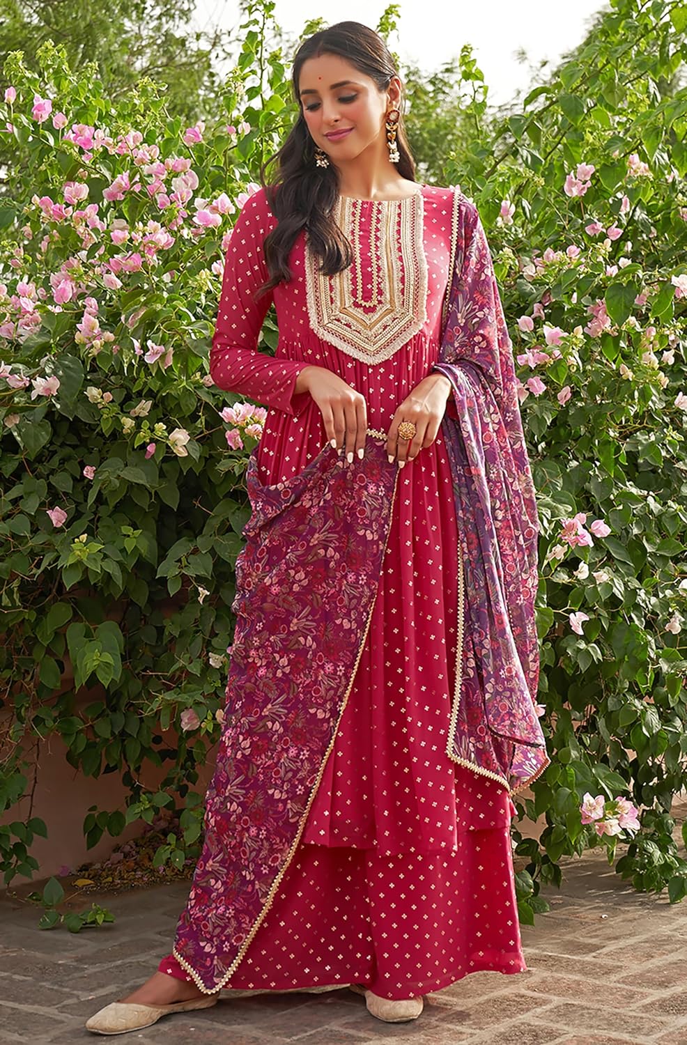 Janasya Women's Pink Georgette Foil Motif Printed Kurta with Palazzo and Dupatta