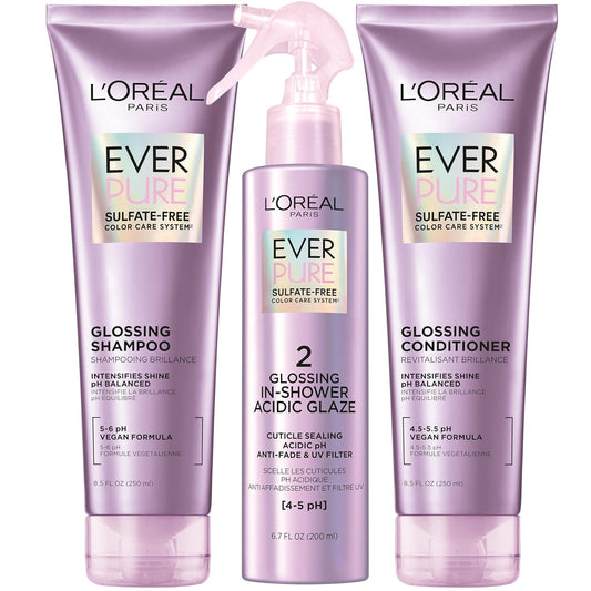 L'Oreal Paris, Glossing System, Intensifies Shine & Softness on Dull Hair with Argan Oil, Split End Repair in 24 HRS, Sulfate Free & Vegan Shampoo, Conditioner, and Treatment, EverPure (1 kit)