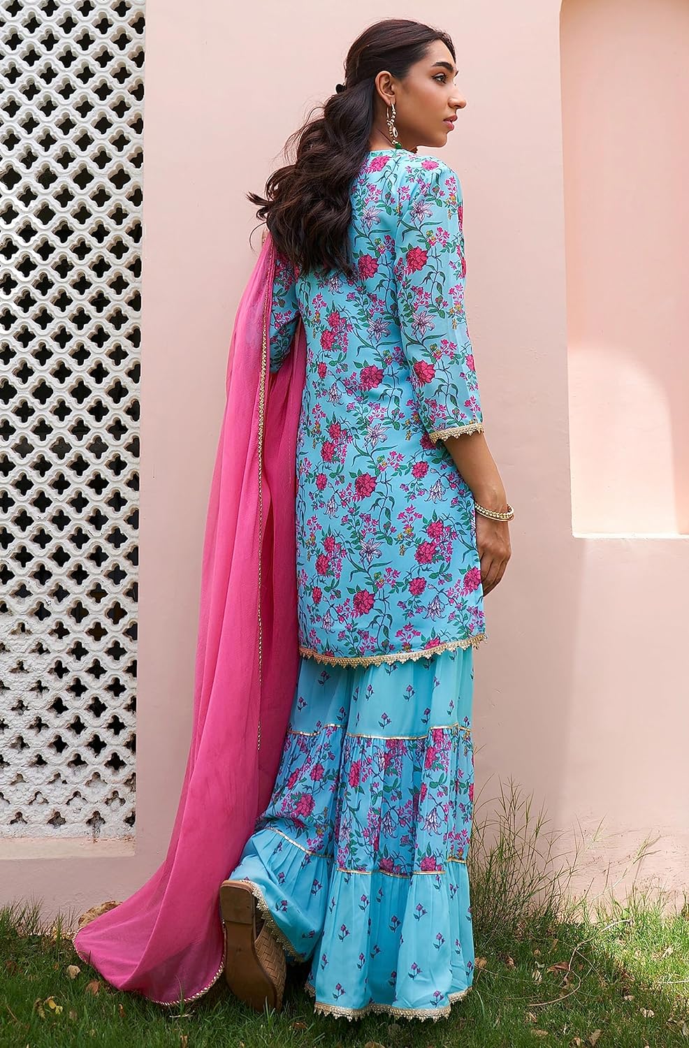 Janasya Women's Georgette Digital Floral Printed Embellished Kurta Set Sky Blue