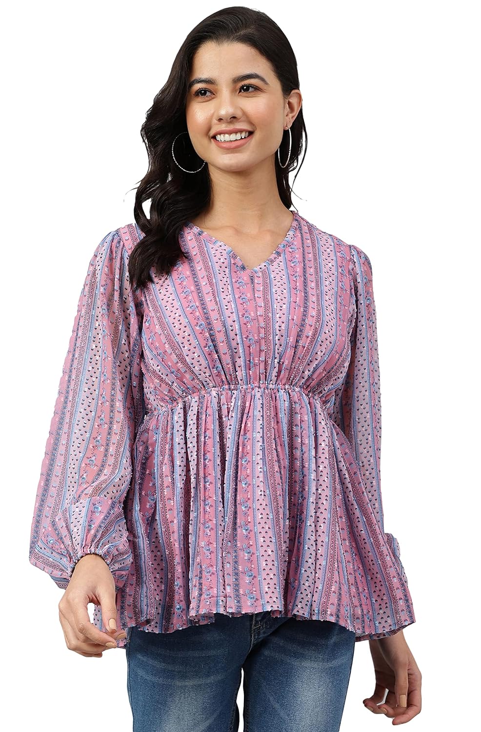 Janasya Women's Pink Dobby Georgette Digital Print Peplum Top