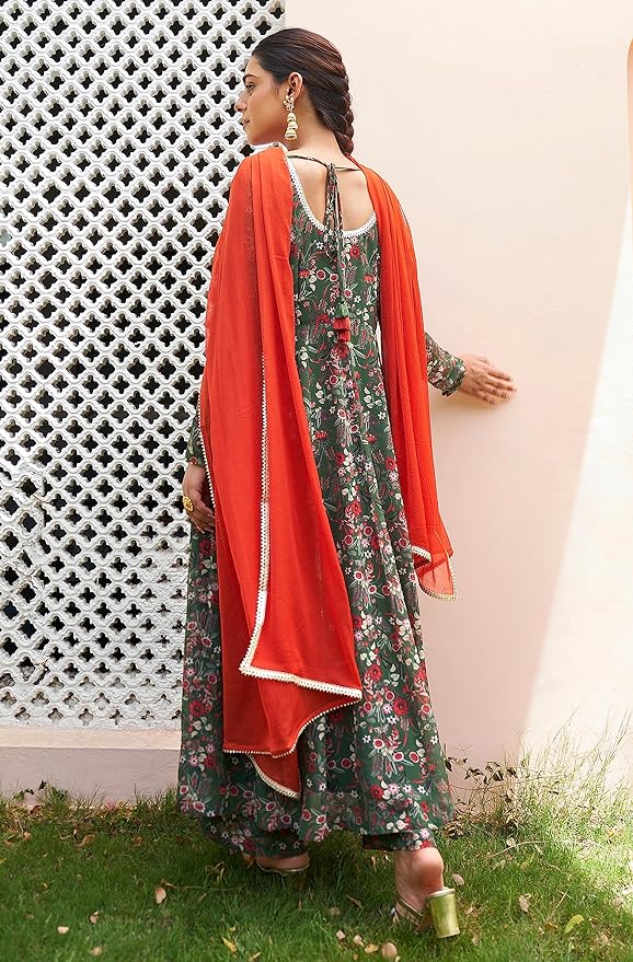 Janasya Women's Bottle Green Georgette Digital Floral Printed Kurta with Palazzo and Dupatta
