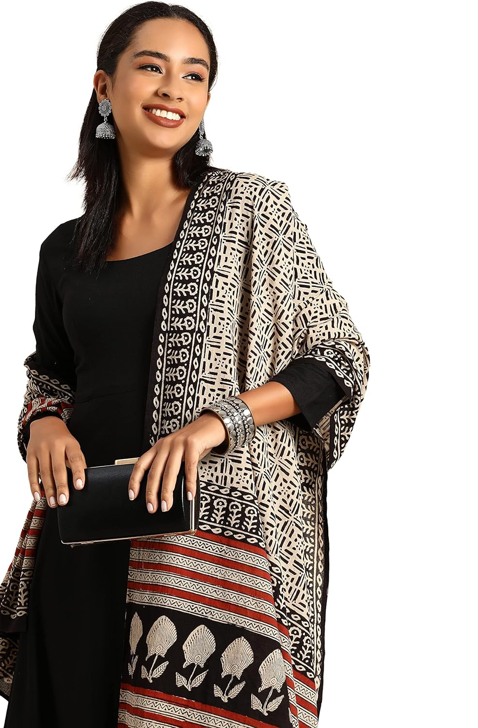 Janasya Women's Black Rayon Kurta with Dupatta