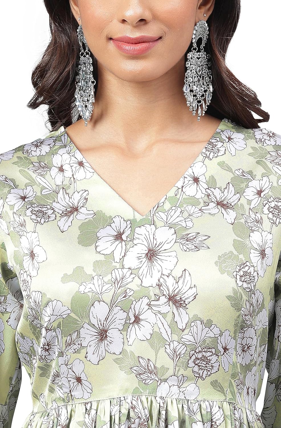 Janasya Women's Sage Green Satin Digital Floral Printed Co-ords Set