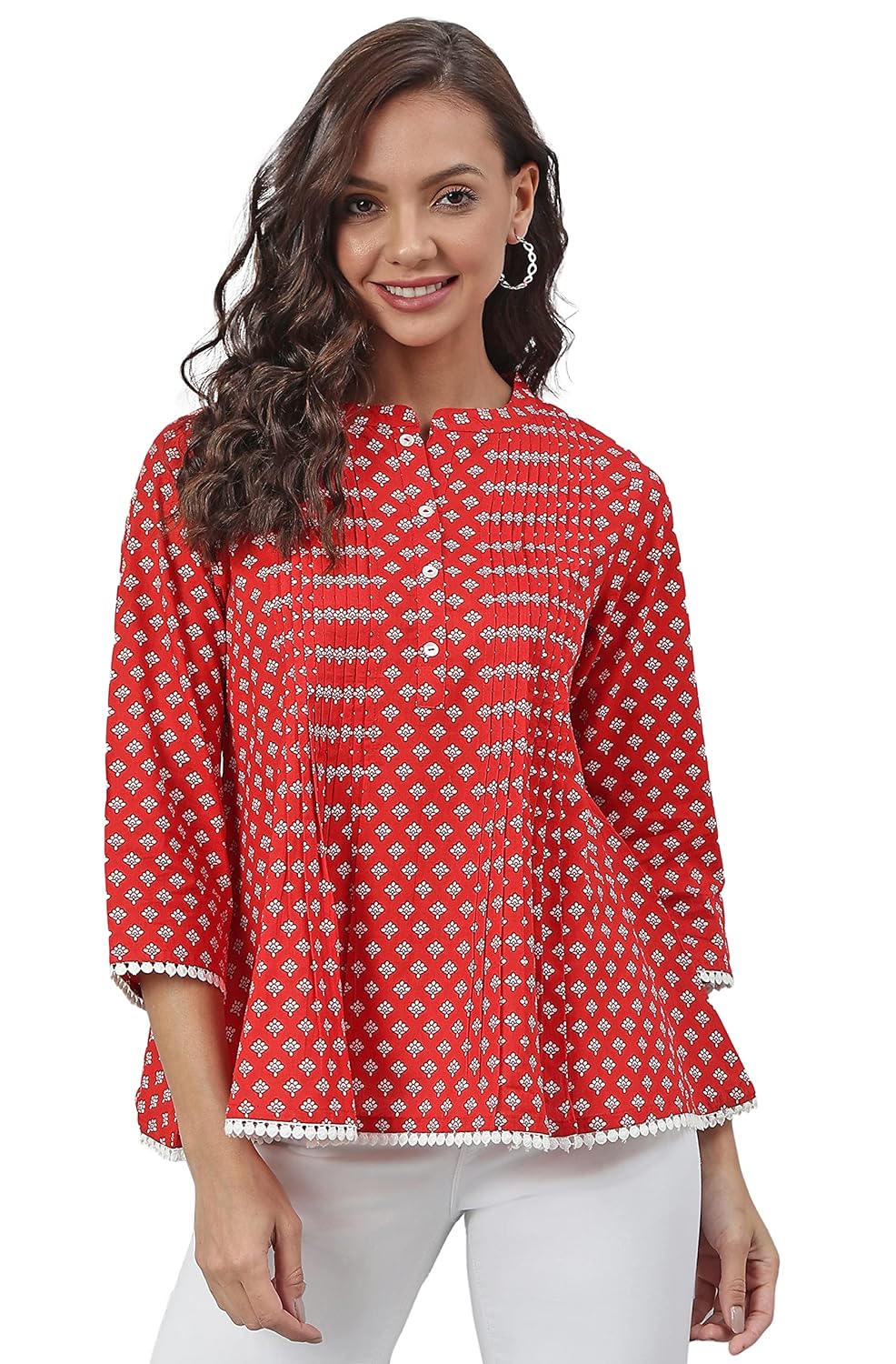 Janasya Women's Red Cotton Floral Print Flared Top