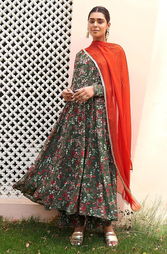 Janasya Women's Bottle Green Georgette Digital Floral Printed Kurta with Palazzo and Dupatta