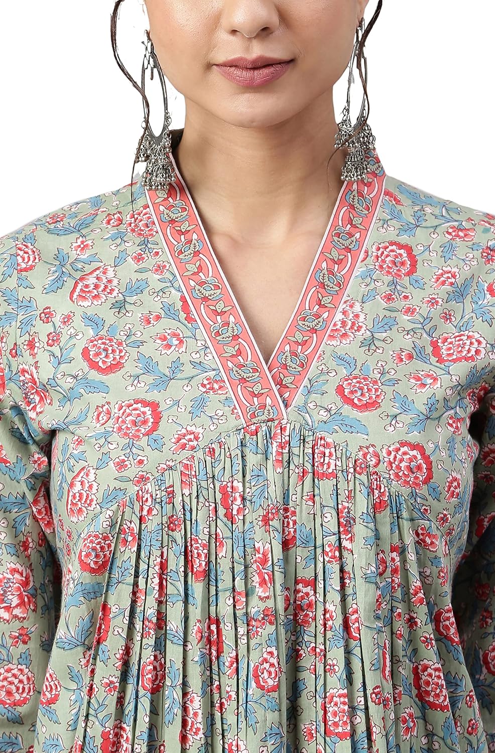 Janasya Women's Sea Green Cotton Floral Print Kurta with Pant