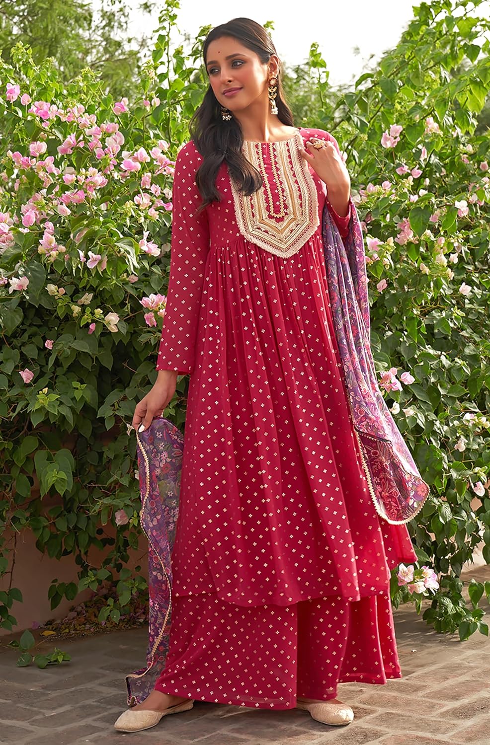 Janasya Women's Pink Georgette Foil Motif Printed Kurta with Palazzo and Dupatta