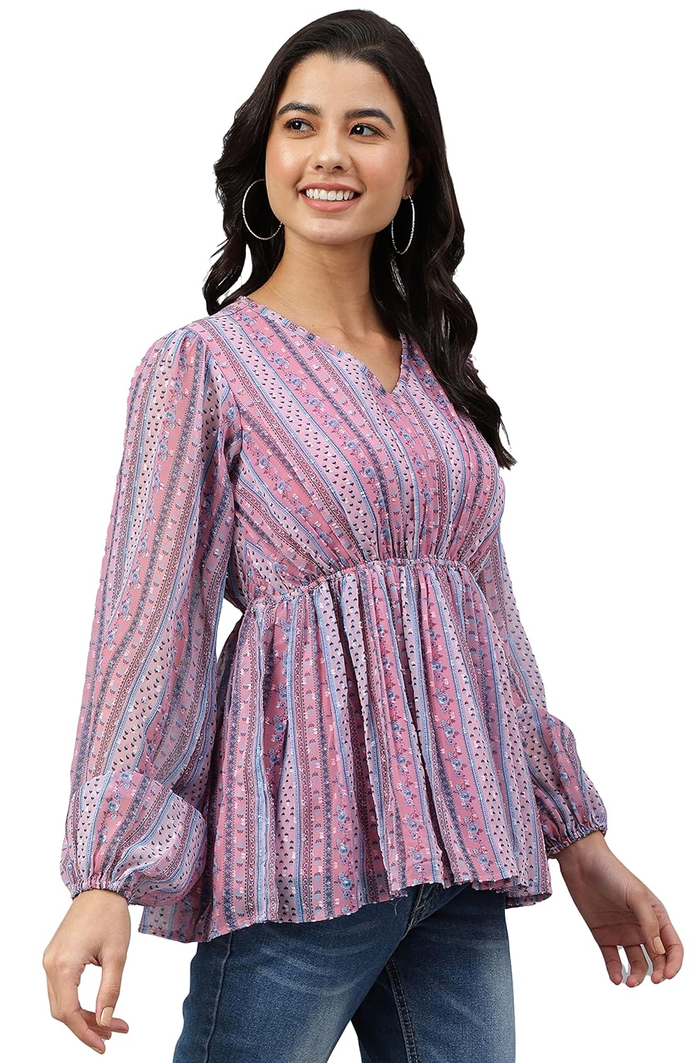 Janasya Women's Pink Dobby Georgette Digital Print Peplum Top