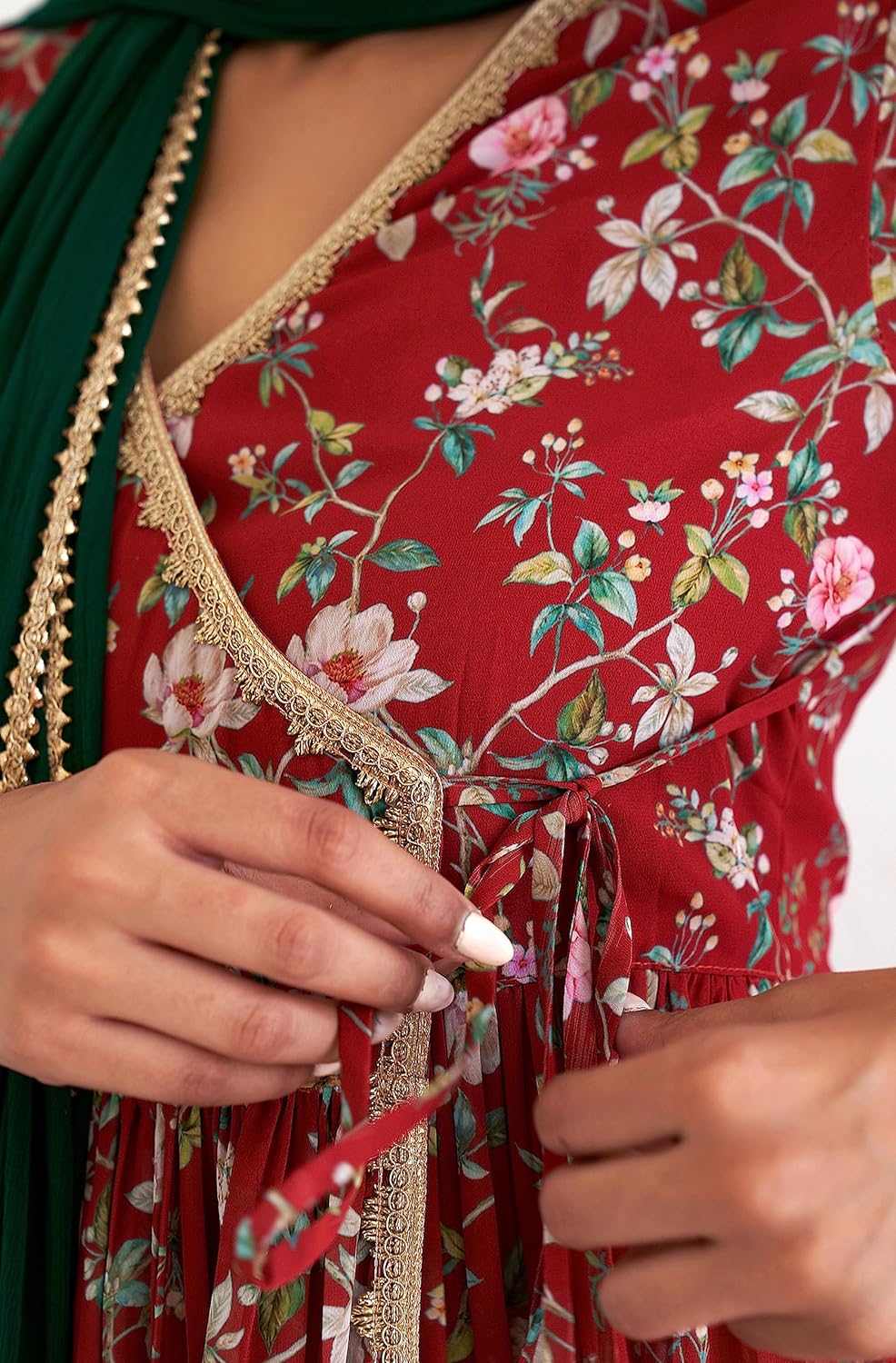 Janasya Women's Maroon Georgette Digital Floral Printed Short Angrakha Kurta with Sharara and Dupatta