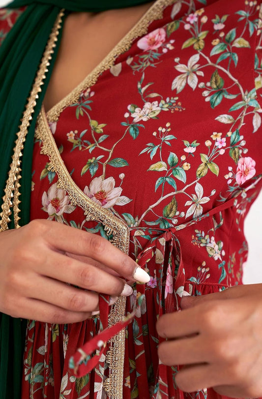 Janasya Women's Maroon Georgette Digital Floral Printed Short Angrakha Kurta with Sharara and Dupatta