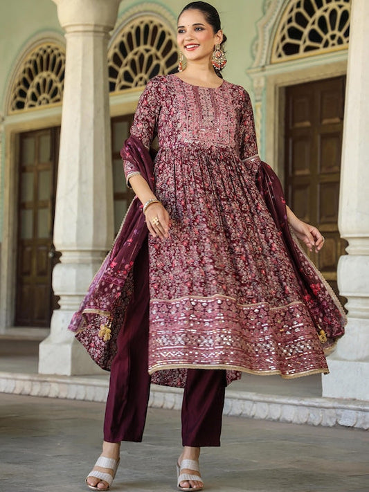 Scakhi Floral Printed Pleated Mirror Work Chanderi Silk Kurta With Trousers & Dupatta