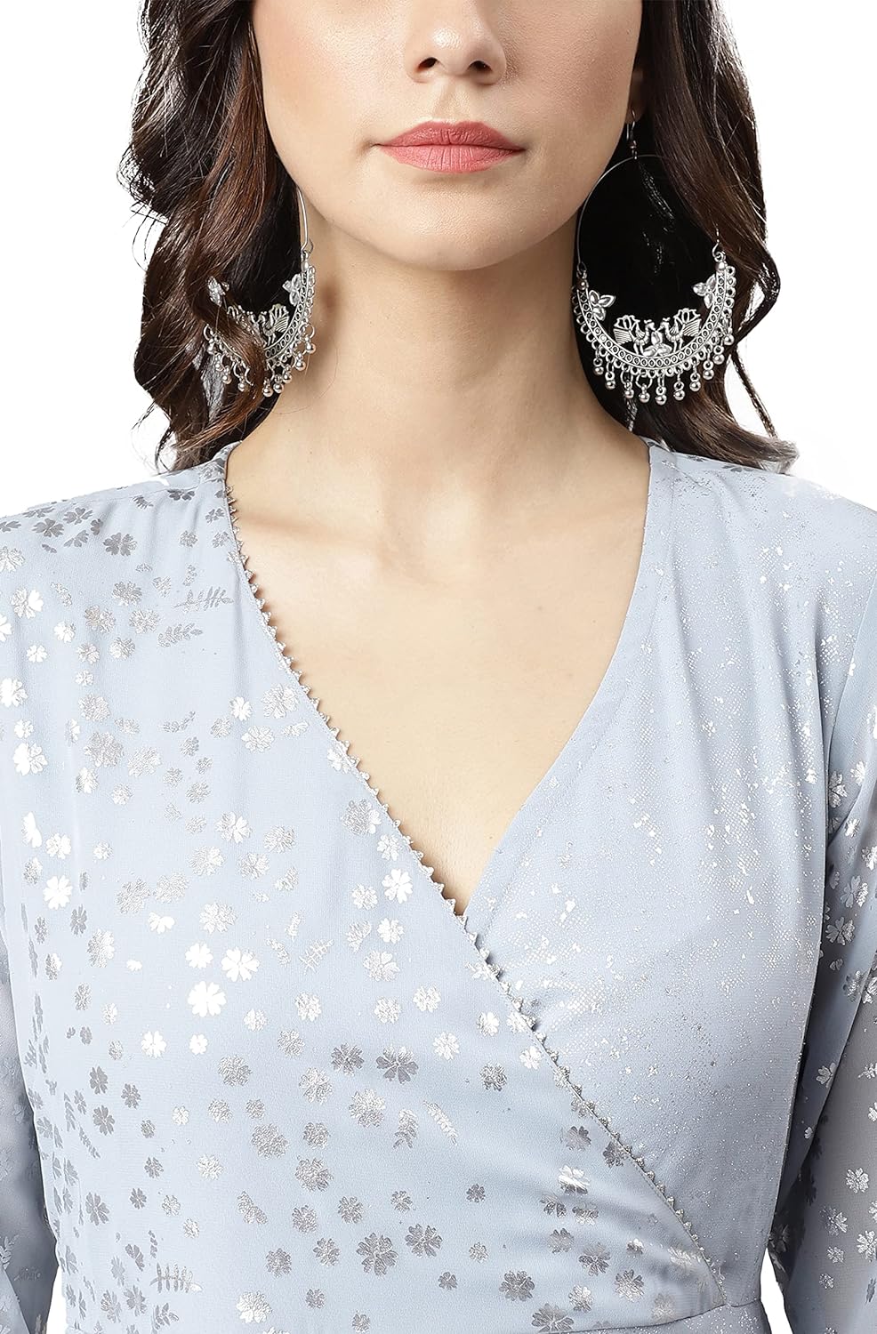 Janasya Women's Grey Georgette Foil Print Kurta with Dupatta