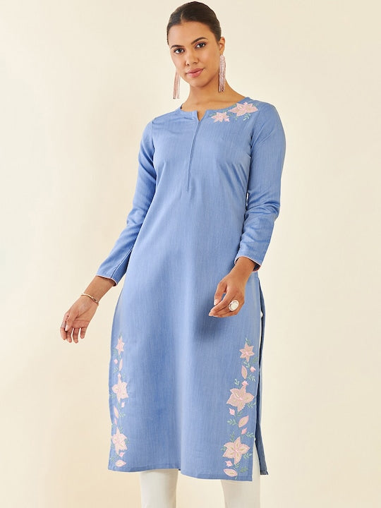 Soch Blue Floral Embroidered Embellished Notched Neck Kurta