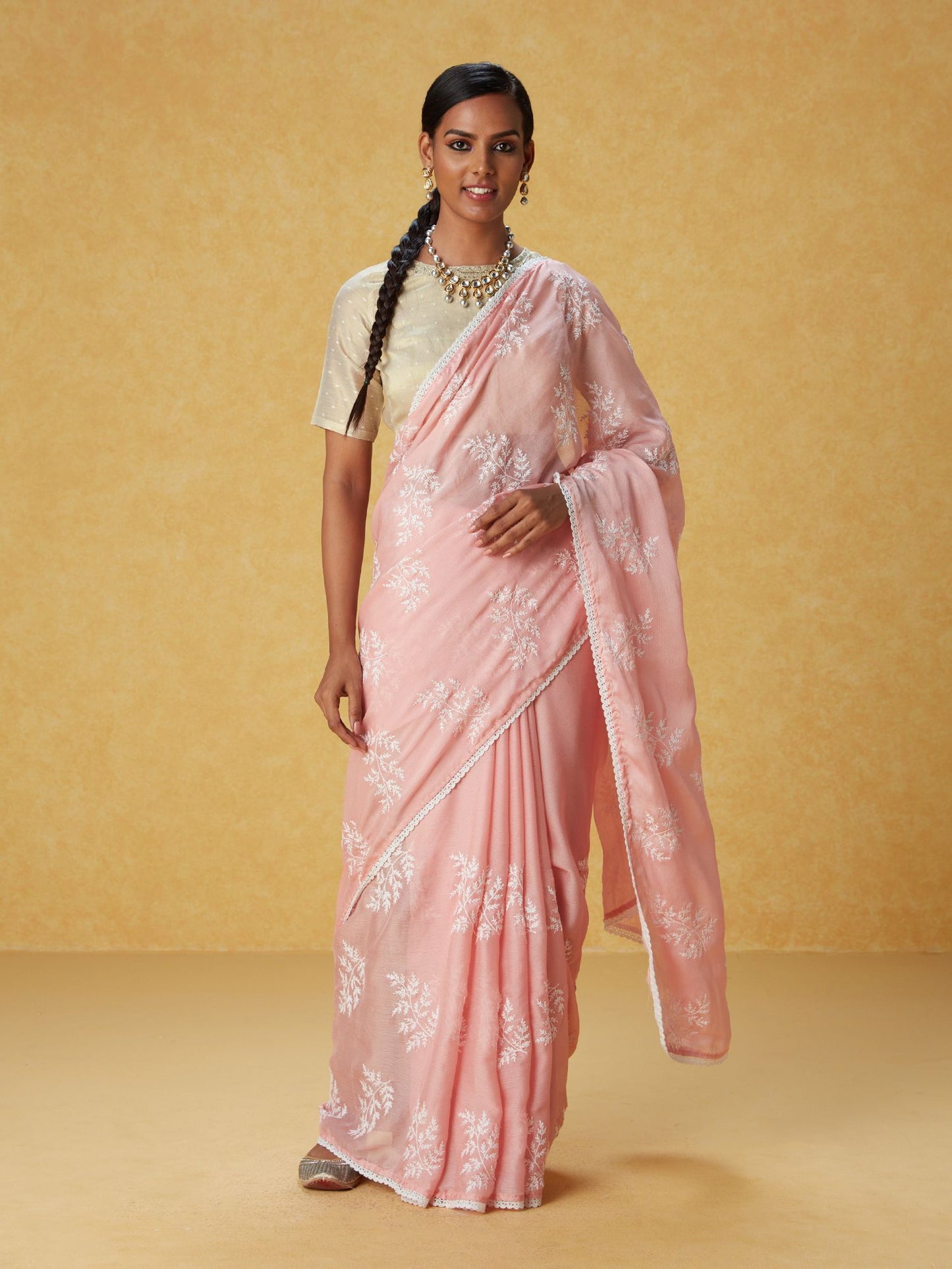 Likha Pink Chiffon Embroidered Saree with Lace and Unstitched Blouse LIKSAR104 (Free Size)