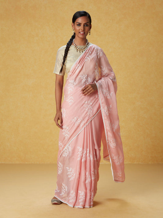 Likha Pink Chiffon Embroidered Saree with Lace and Unstitched Blouse LIKSAR104 (Free Size)