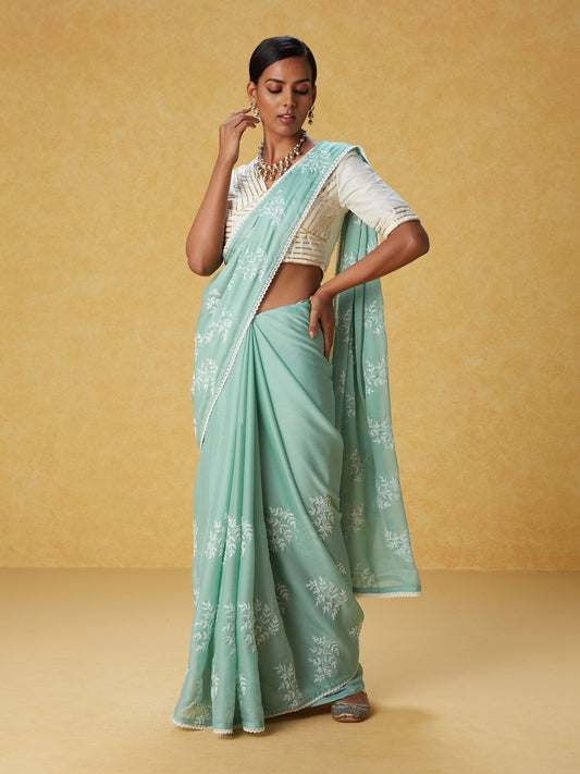 Likha Green Chiffon Embroidered Saree with Lace and Unstitched Blouse LIKSAR104 (Free Size)