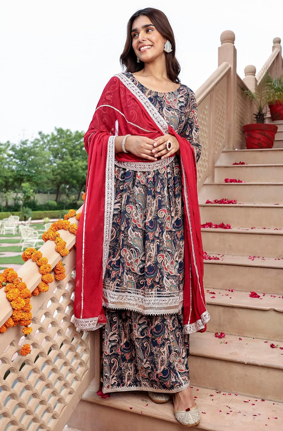 Janasya Women's Navy Blue Cotton Ethnic Printed Kurta with Flared Palazzo and Dupatta