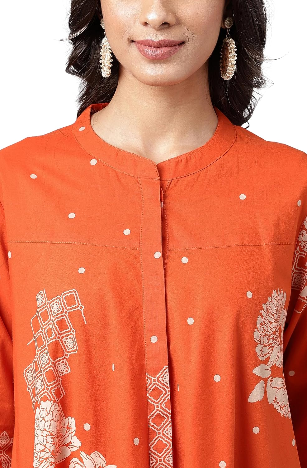 Janasya Women's Orange Cotton Floral Printed Flared Tunic