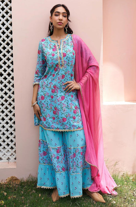 Janasya Women's Georgette Digital Floral Printed Embellished Kurta Set Sky Blue