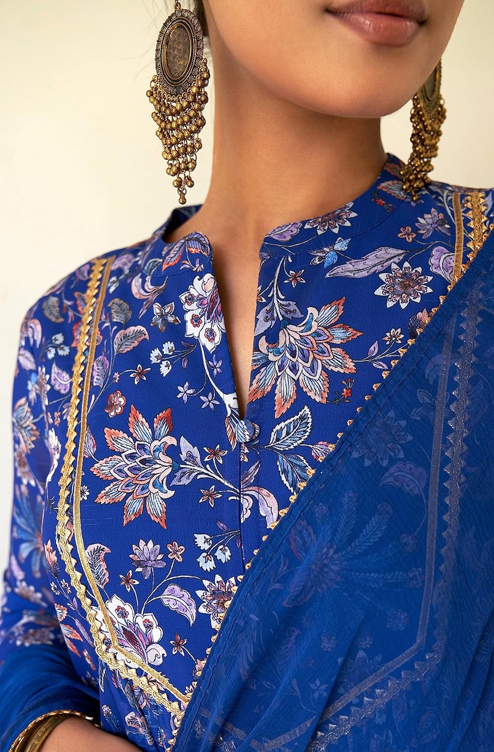 Janasya Women's Georgette Digital Floral Printed Embellished Kurta Set Dark Blue