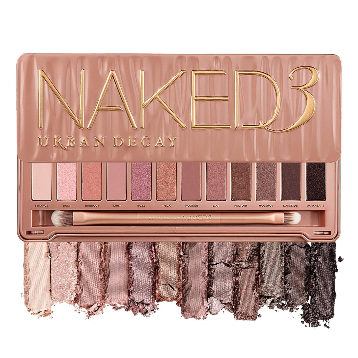 URBAN DECAY Naked3 Eyeshadow Palette, 12 Versatile Rosy Neutral Shades for Every Day - Ultra-Blendable, Rich Colors with Velvety Texture - Set Includes Mirror & Double-Ended Makeup Brush