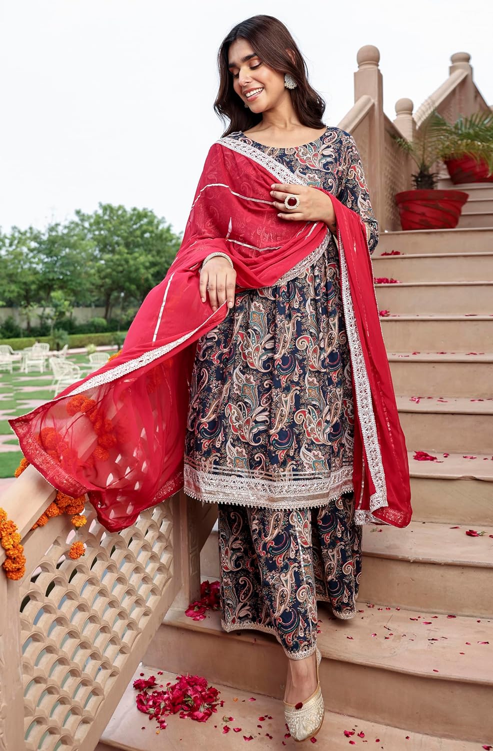 Janasya Women's Navy Blue Cotton Ethnic Printed Kurta with Flared Palazzo and Dupatta