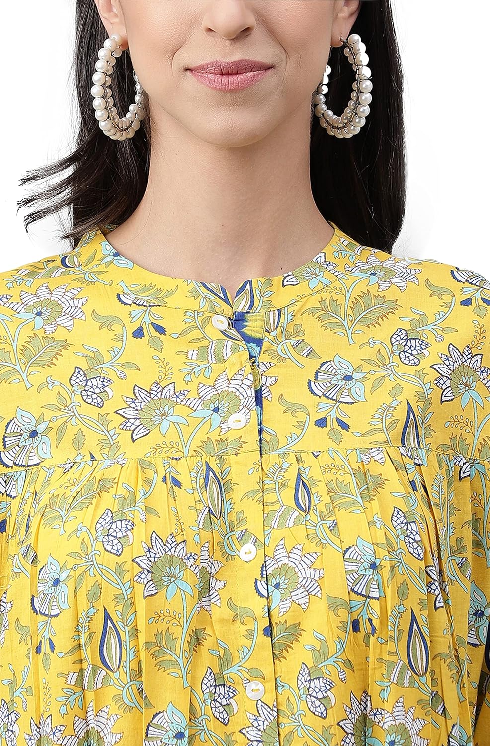 Janasya Women's Yellow Cotton Floral Print Empire Tunic
