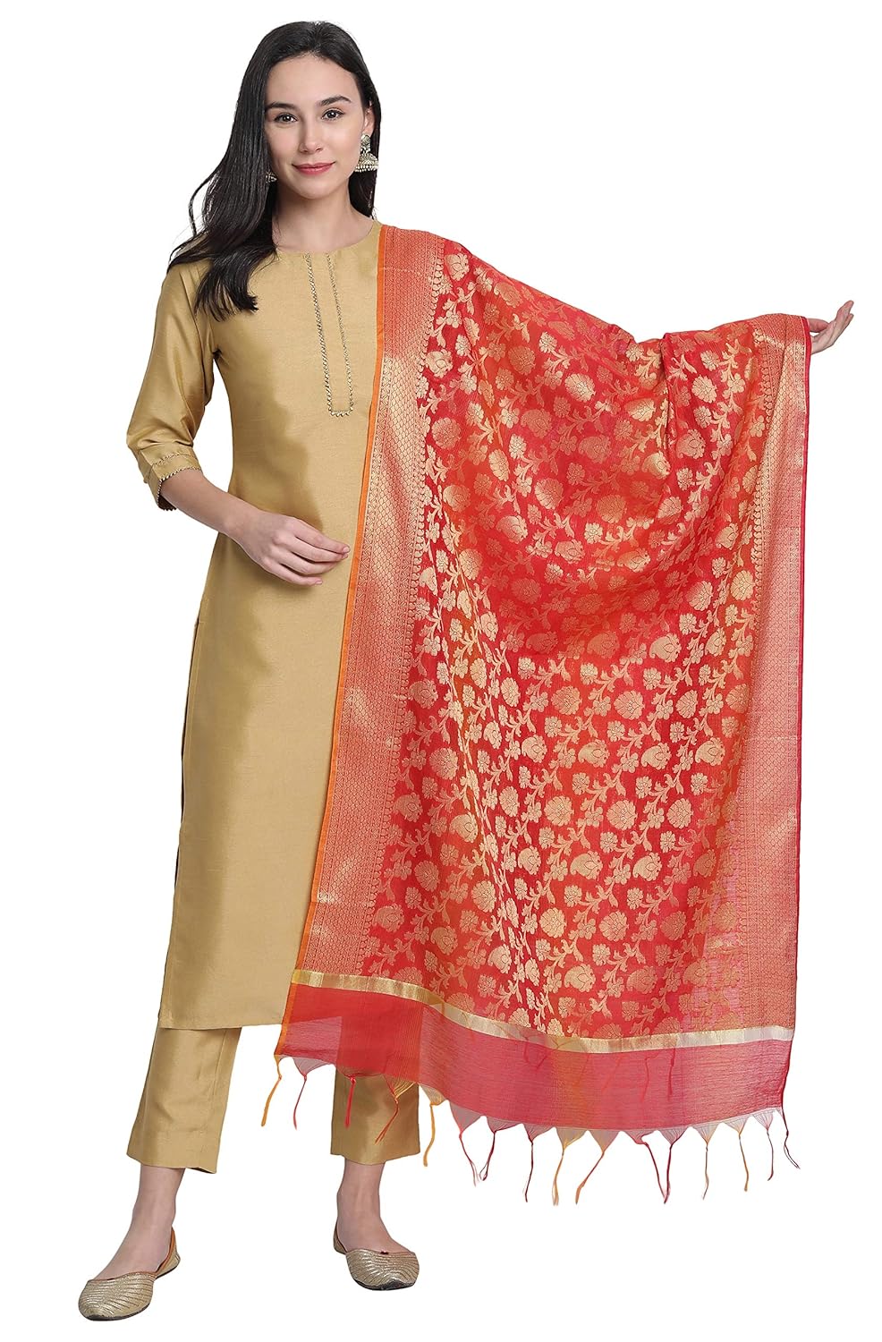 Janasya Women's Gold Poly Silk Solid Kurta with Pant and Dupatta Gold