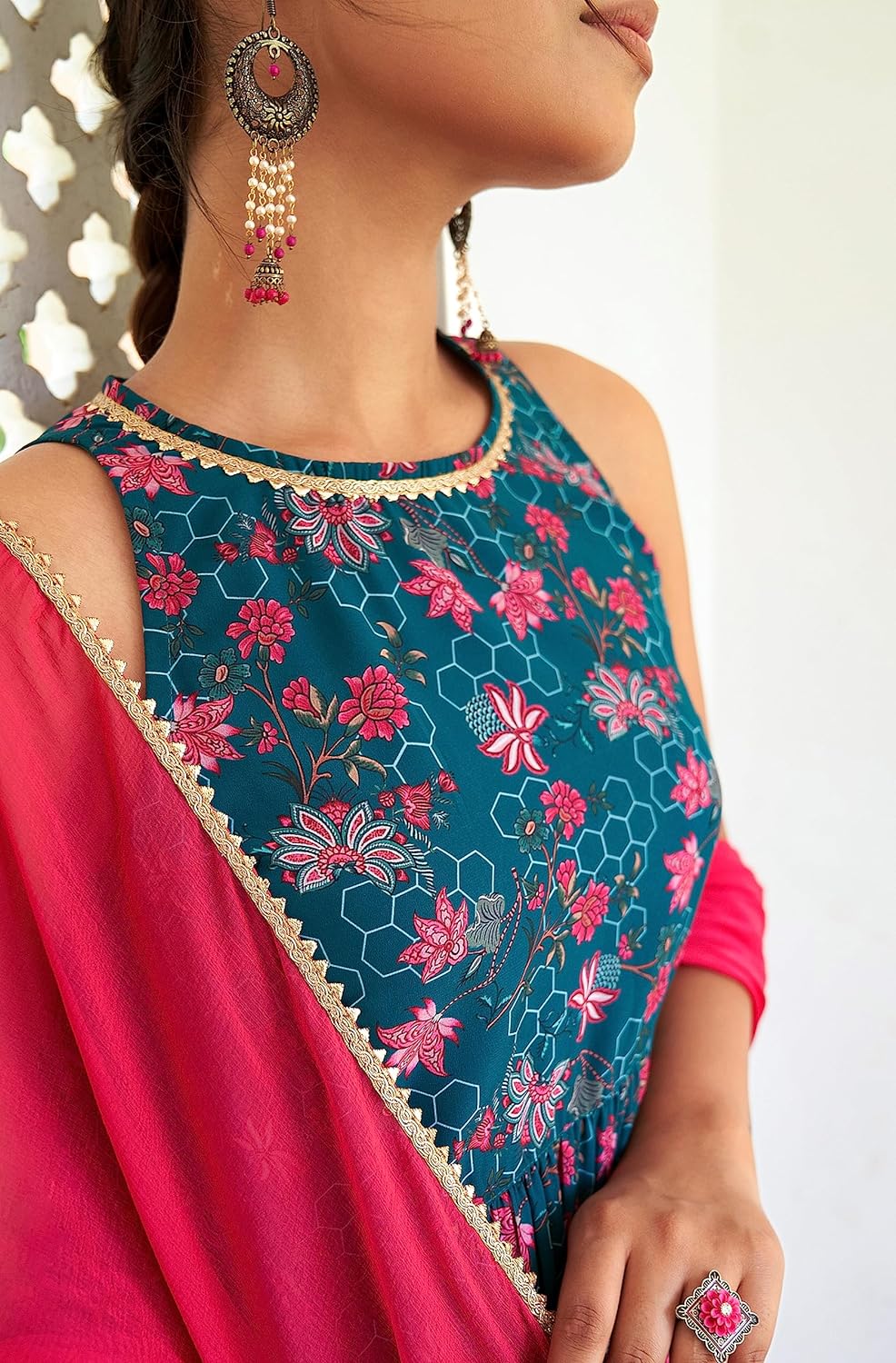 Janasya Women's Georgette Digital Floral Printed Embellished Kurta Set Teal