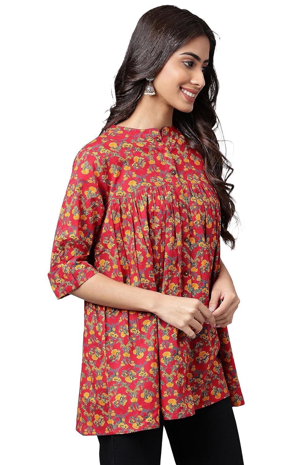 Janasya Women's Red Cotton Floral Printed Empire Tunic