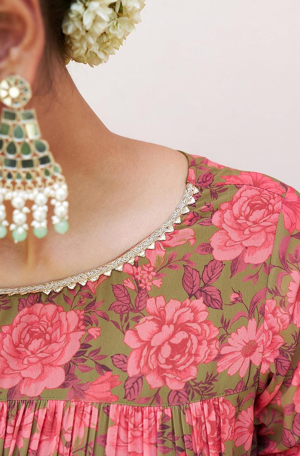 Janasya Women's Georgette Digital Floral Printed Embellished Kurta Set Olive