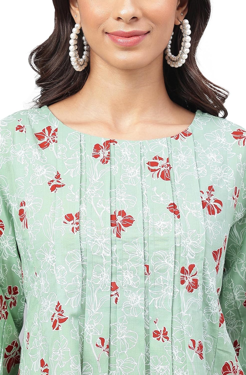 Janasya Women's Green Cotton Floral Printed Kurta with Pant