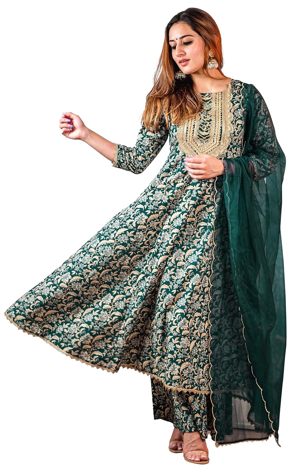 Janasya Women's Teal Cotton Foil Floral Printed Kurta with Palazzo and Dupatta