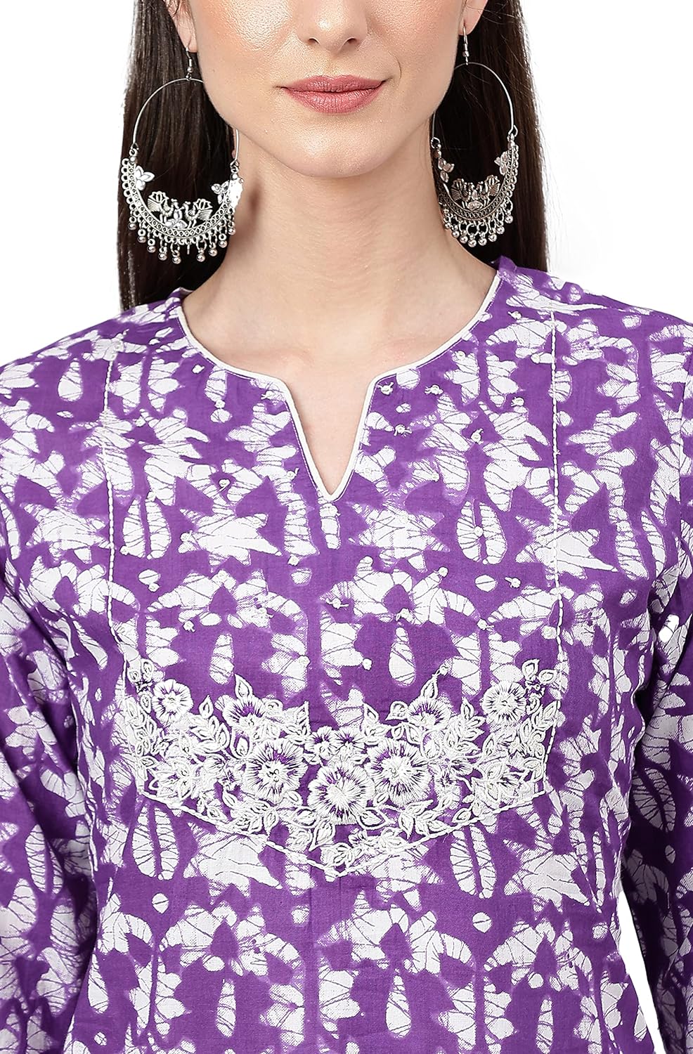 Janasya Women's Purple Cotton Batik Print Straight Kurta