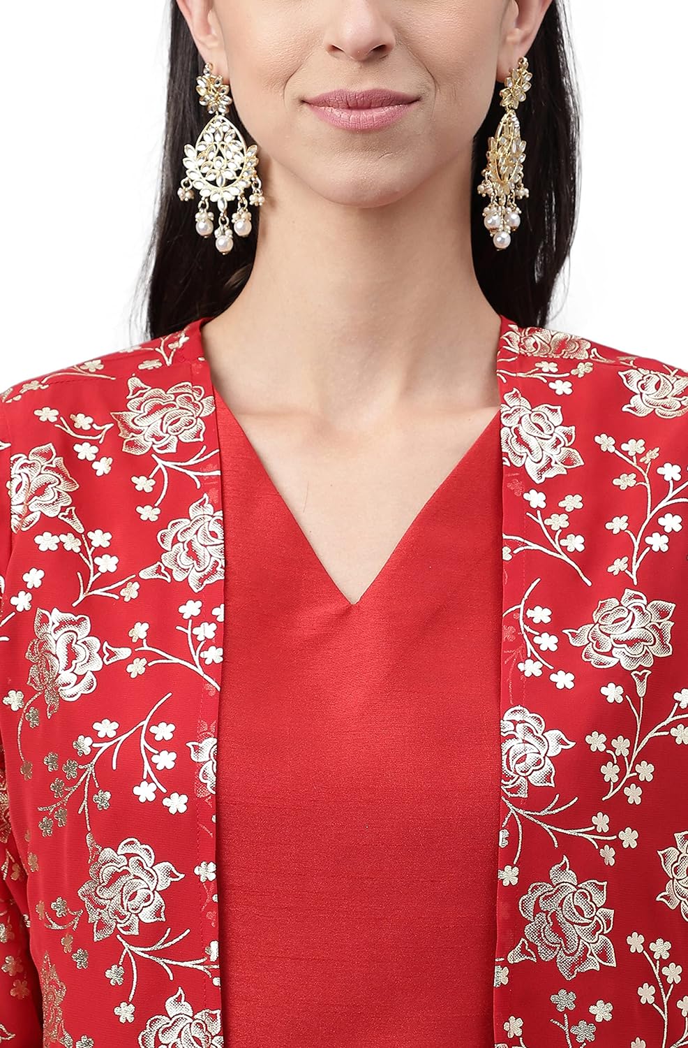 Janasya Women's Red Crepe Silk Solid Top with Pants and Jacket