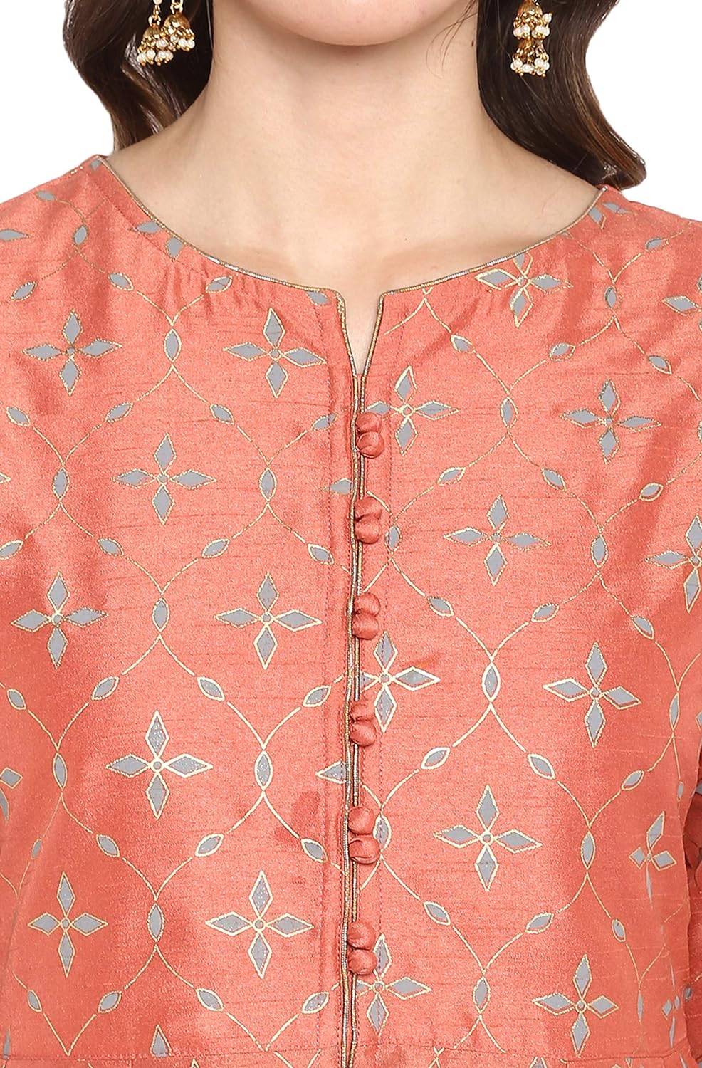 Janasya Women's Peach Poly Silk Foil Printed Kurta with Palazzo and Dupatta