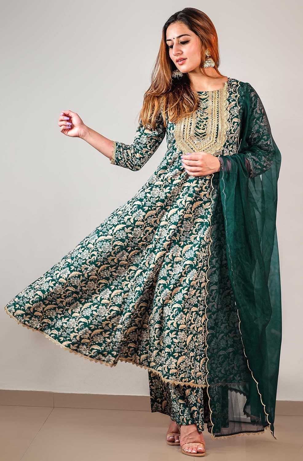 Janasya Women's Teal Cotton Foil Floral Printed Kurta with Palazzo and Dupatta