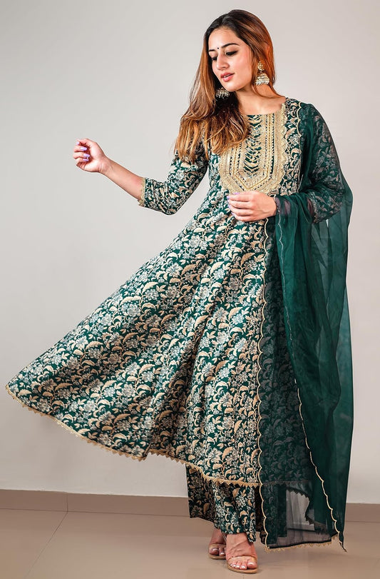 Janasya Women's Teal Cotton Foil Floral Printed Kurta with Palazzo and Dupatta