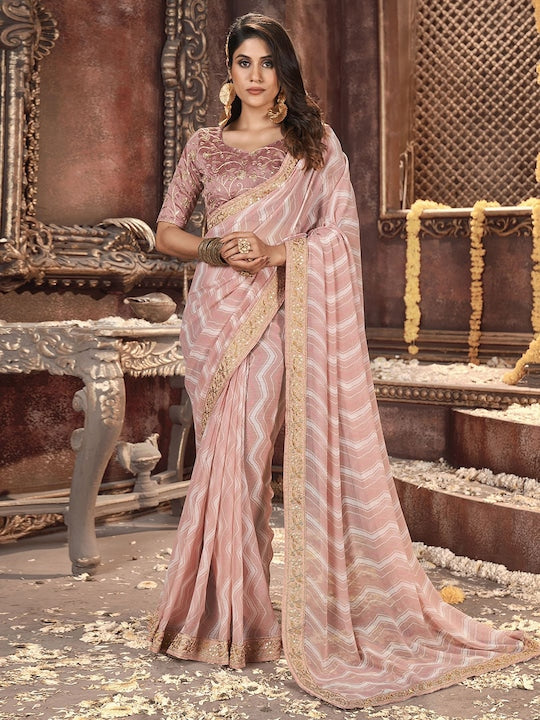 Satrani Striped Sequinned Poly Georgette Leheriya Saree