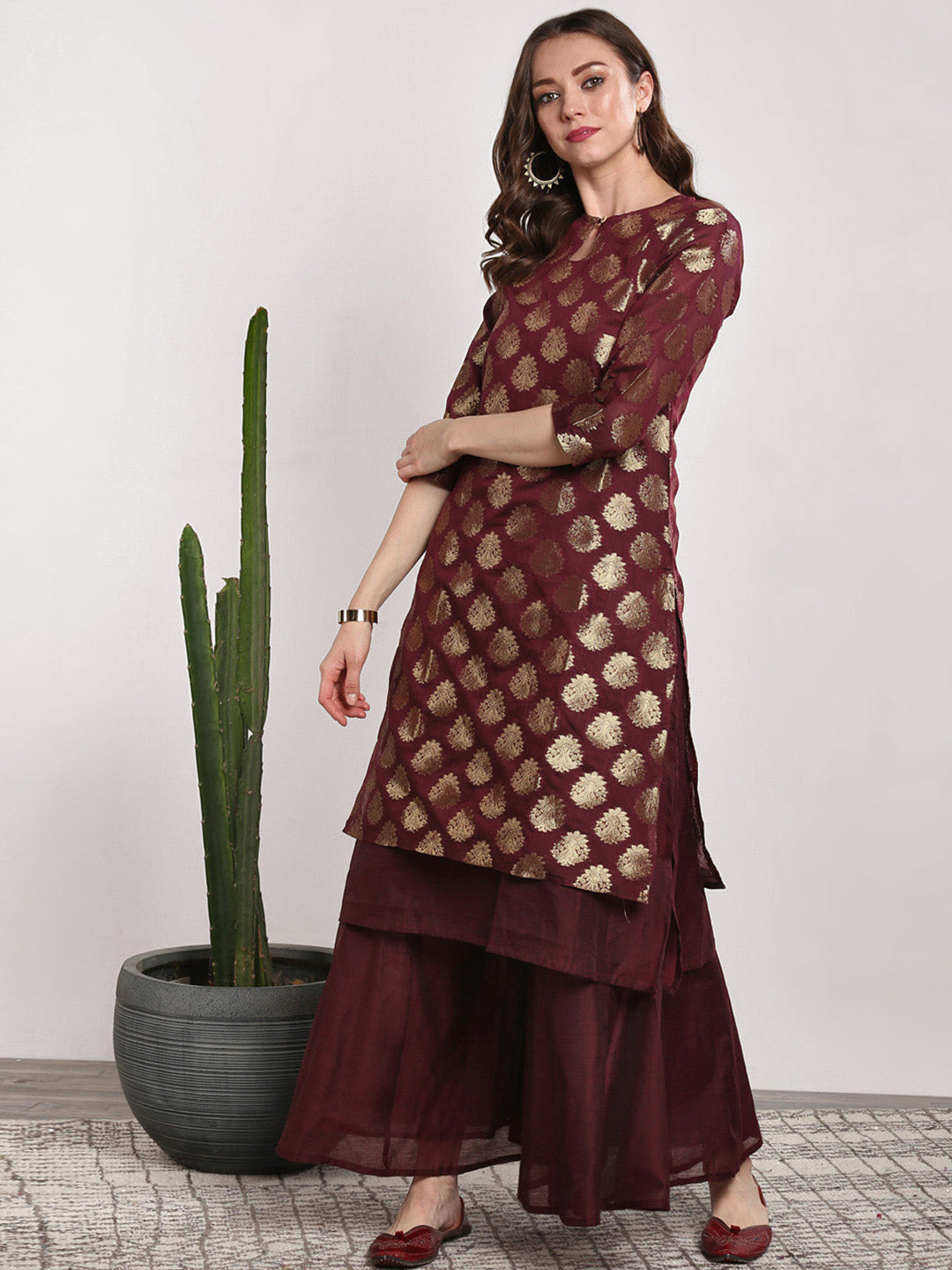 Sangria Women Burgundy Woven Design Kurta with Palazzos